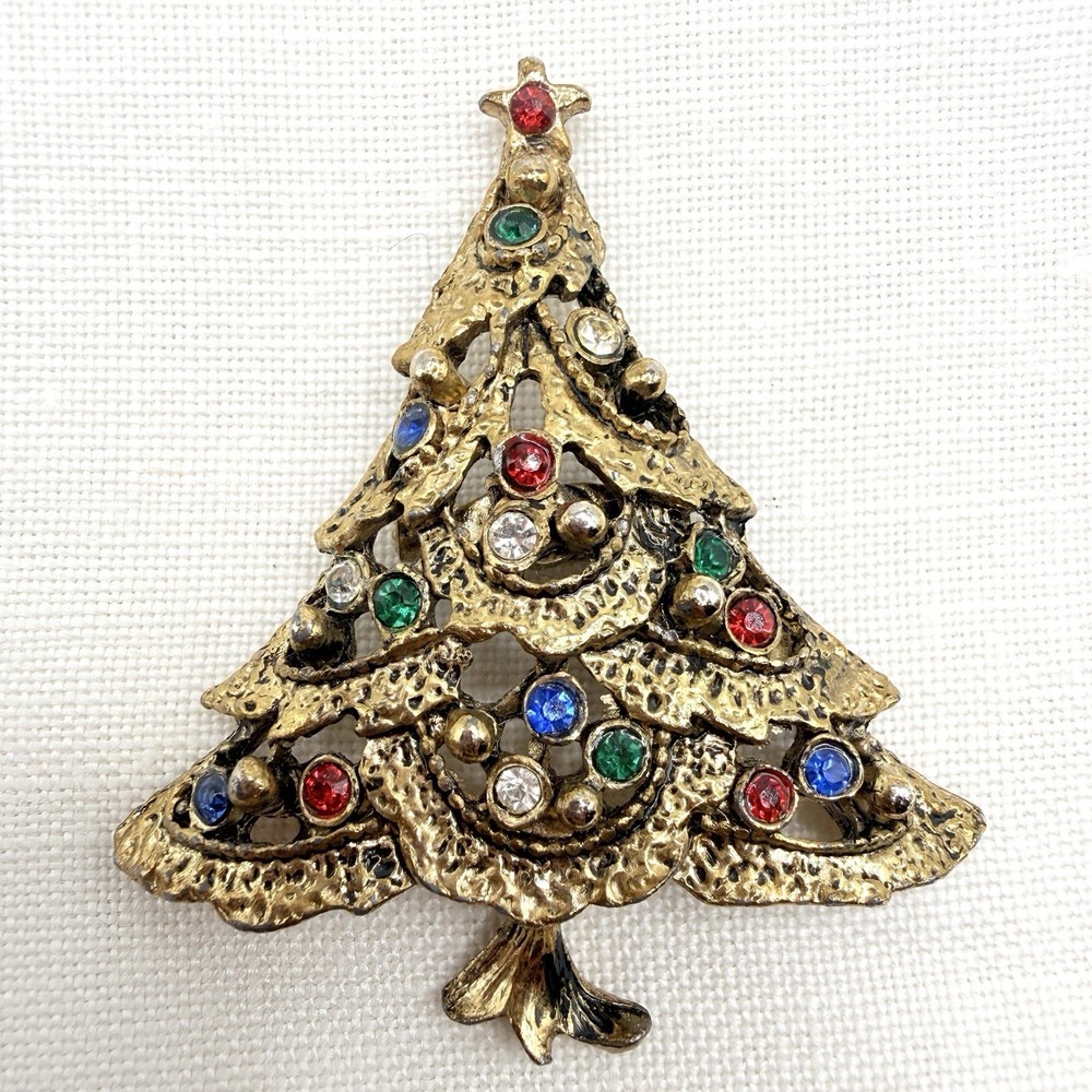 Vintage Style Christmas Tree Brooch Gold Tone w/ Multi-Colored Rhinestones